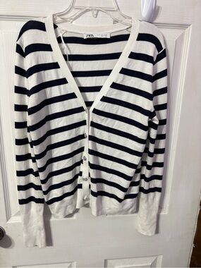 Zara Black and White Striped V-Neck Button Cardigan